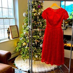 Custom made, Red lace, Midi, open back, dress. Fits size 2
